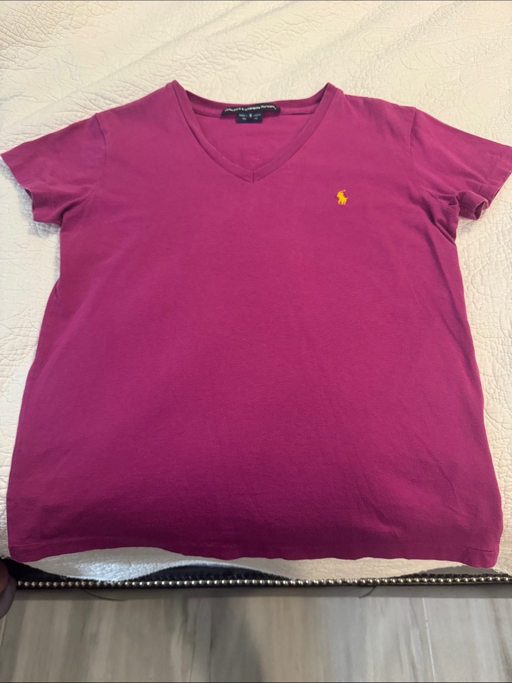 Ralph Lauren Women's V-Neck Tee in Fuchsia with Yellow Pony